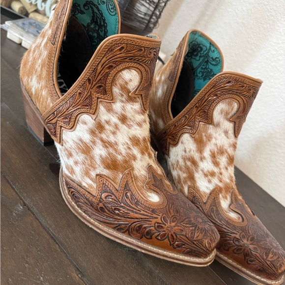 Myra Shoes - Myra Bag Brown and White Cowhide Tooled Leather Ankle Booties